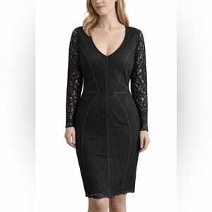 ANN TAYLOR SIZE 4, Black Lace Midi Dress Long Sleeve Zipper Cuff Lined.